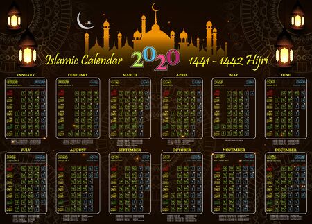 islamic calendar 2020 with mandala mosque lantern background, 1441-1442 hijriのイラスト素材
