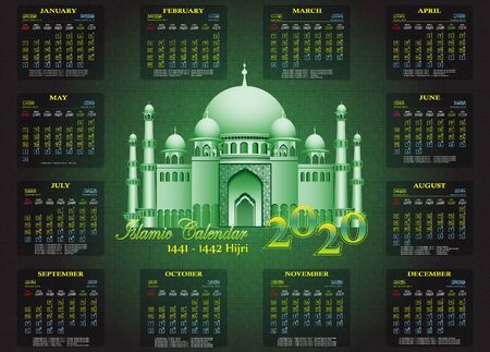 islamic calendar 2020 with mosque and green backgroundのイラスト素材