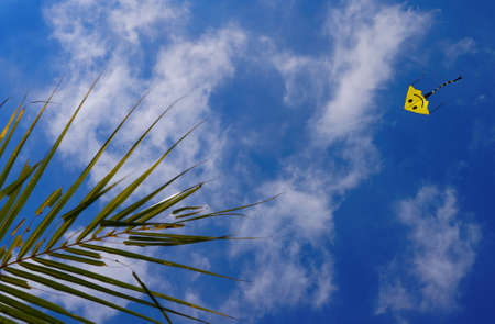 A yellow kite in a blue sky 