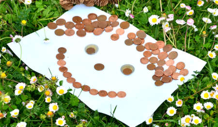 face made of coins in the grass