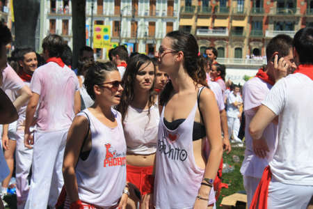 first day of San Fermin holiday in Pamplona, Plaza del Castillo after loud bang, editorial useのeditorial素材