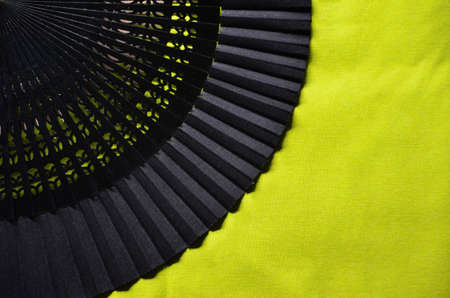 hand open fan with ornament on a green backgroundの写真素材