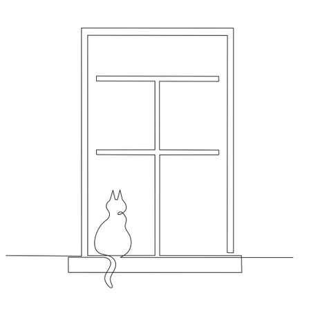 The cat sits on the windowsill and looks out the window. The kitten and the window are one line. Logo for pet stores and animal websites.の写真素材