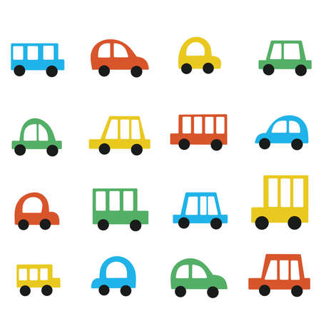 A collection of cute cartoon childrens cars isolated on a white background. A set of different car models for wallpaper, textiles for clothes, postcards. Red, yellow, green and blue cars.の写真素材