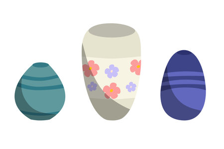 A set of various ceramic products, pottery. Pots and vases for flowers of various sizes and shapes. Interior items. Flat vector cartoon illustration isolated on a white backgroundのイラスト素材