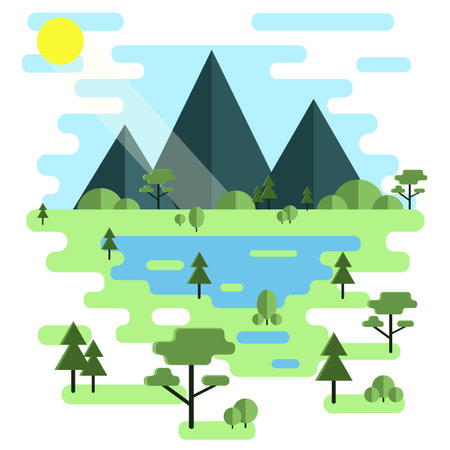 Nature, mountains, ecological landscape, color flat vector illustration design. A landscape of sunny mountains with trees and a pond.のイラスト素材