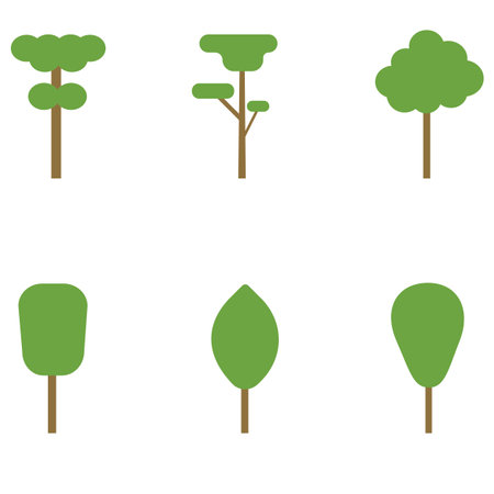 A set of colored pictographs of trees for an architectural map, plan. Green spaces. An element highlighted in white. Vector illustration. A set for a design projectのイラスト素材