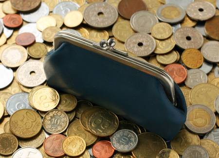Old purse is on coins of different values and different states