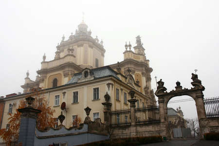 Cathedral of St. Urii in the foggy autumn day at Lviv Ukraineの写真素材