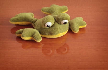 Plush toy frog lying at the table. Shallow depth of field.の写真素材