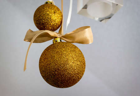 Golden decoration Christmas balls hangingの写真素材