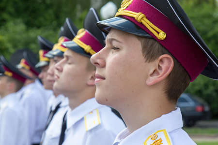LUTSK, UKRAINE - MAY 27, 2016: Cadets of the Lutsk military lyceum during the oath. Shallow depth of field.のeditorial素材