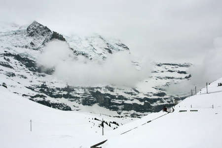 Swiss train at Kleine Scheidegg station in Jungfrau area