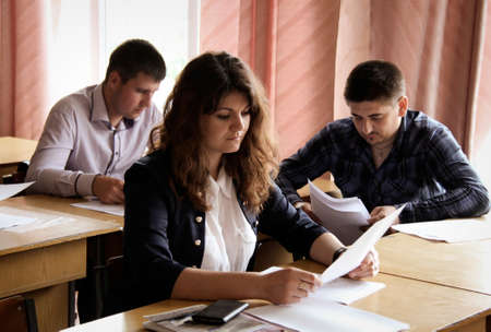 LUTSK, UKRAINE - 30 May 2014: Group of students in class at the universityのeditorial素材