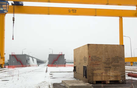 CHERNOBYL, UKRAINE - DECEMBER 22, 2016: Gantry bridge crane on construction of the Interim Spent Nuclear Fuel Dry Storage Facility (ISF-2) at Chernobyl Nuclear Power Plantのeditorial素材