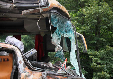 Warning sign children inside the bus with bloody broken glassの写真素材