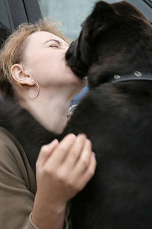 LUTSK, UKRAINE - 20 June 2009 - Woman with dog licking her face in parkのeditorial素材