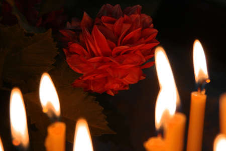 Flowers and candles burning. Shallow depth of field.の写真素材