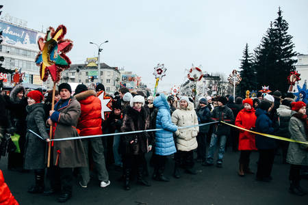 Lutsk, Ukraine - January 11, 2008: Participants of the mass holiday festivities are going in the center of the city during the celebration of Orthodox Christmasのeditorial素材