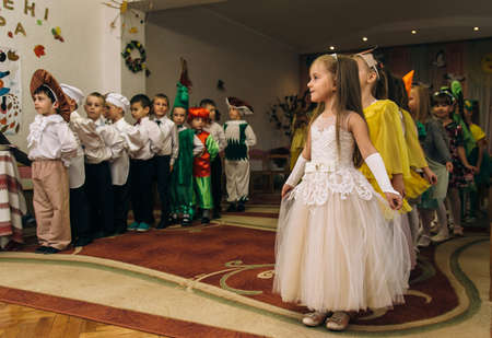 LUTSK, UKRAINE - 02 November 2017: Group of little children during holiday at  kindergarten.のeditorial素材