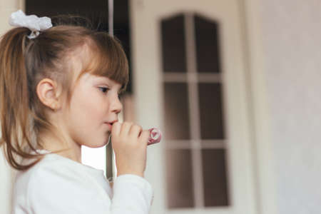 Little girl with pigtails birthday party at home. Shallow depth of field.の写真素材