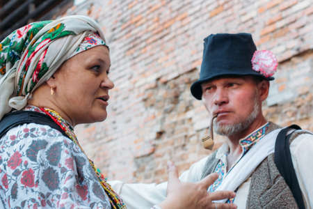 Lutsk, Volyn / Ukraine - August 21 2016: Belarusian couple in traditional costume at festivalのeditorial素材