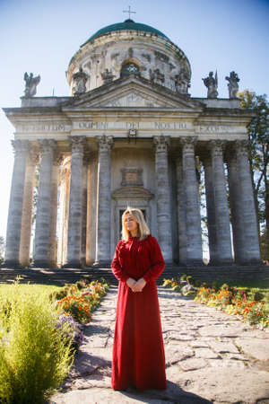Woman near a churchの写真素材