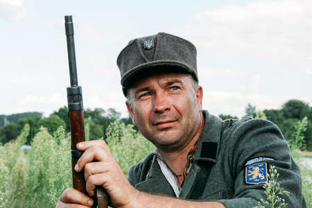 Lutsk, Volyn / Ukraine - August 09 2009: Man in the form of a soldier of 14th Waffen Grenadier Division of the SS (1st Galician) of the Second World Warのeditorial素材
