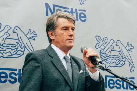 Smolygiv, Volyn / Ukraine - December 08 2009: Ukrainian politician Viktor Yushchenko who was the third President of Ukraine during the opening of the plant Nestleのeditorial素材