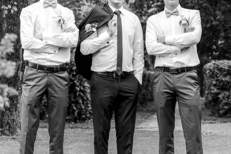 Young groom posing with his friends in park at springtime の写真素材