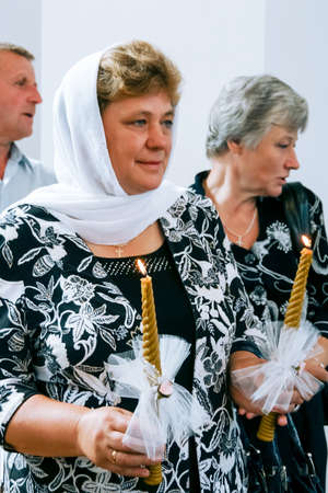 Lutsk, Volyn / Ukraine - August 30 2009: People believe faith religious during wedding ceremony in christianity churchのeditorial素材