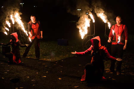 Bryshche, Volyn / Ukraine - November 17 2017: Amazing fire show at nigh at parkのeditorial素材