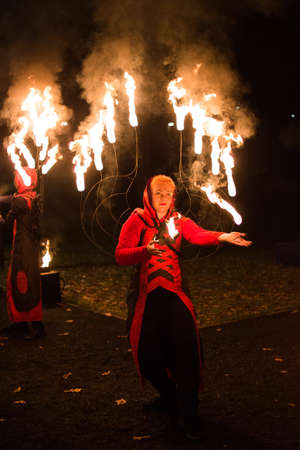 Bryshche, Volyn / Ukraine - November 17 2017: Amazing fire show at nigh at parkのeditorial素材