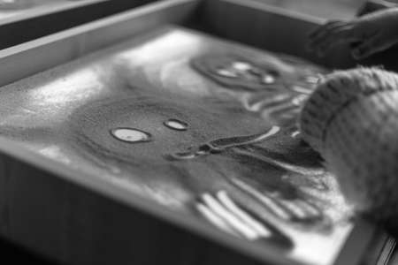 Child hand draws in the sand. Art therapy. The development of the imagination. Backlit table....