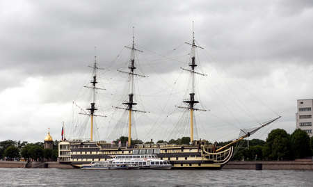St. Petersburg, Russia - June 25 2007: Frigate Grace at the embankment of the Neva river. The ship is a modern imitation of a three-deck frigate of the XVIII century, it houses a restaurant.のeditorial素材