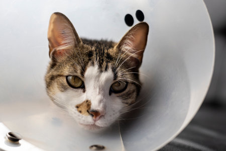 Sick cat with a plastic collar on its head to prevent the cat from licking a woundの写真素材