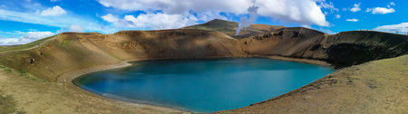 Blue lagoon in the crater of the VÃ­ti volcano, over 300 meters in diameter, in Icelandの写真素材