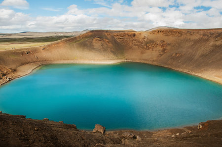 Blue lagoon in the crater of the VÃ­ti volcano, over 300 meters in diameter, in Icelandの写真素材