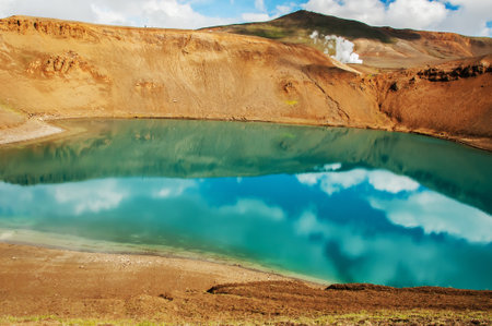 Blue lagoon in the crater of the VÃ­ti volcano, over 300 meters in diameter, in Icelandの写真素材