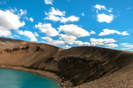 Blue lagoon in the crater of the VÃ­ti volcano, over 300 meters in diameter, in Icelandの写真素材