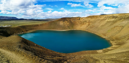 Blue lagoon in the crater of the VÃ­ti volcano, over 300 meters in diameter, in Icelandの写真素材