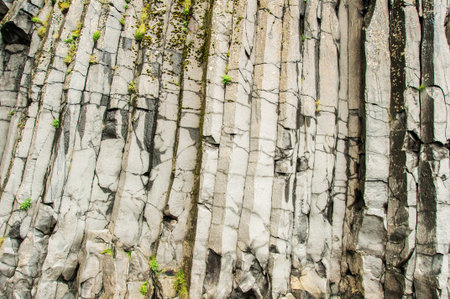 Reynisfjara beach, detail of escarpment with numerous basalt columns in Icelandの写真素材