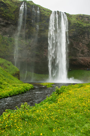 The imposing Seljalandsfoss waterfall in Icelandの写真素材
