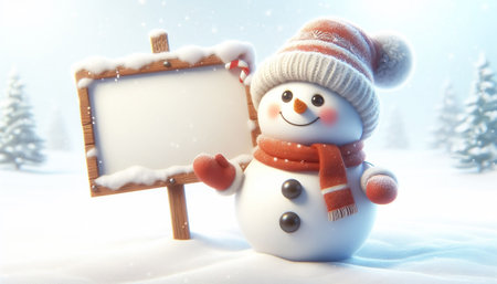 Cute snowman illustration in snowy landscape with scarf and wool hat, holding a copy space sign. Christmas Celebration Timeの素材
