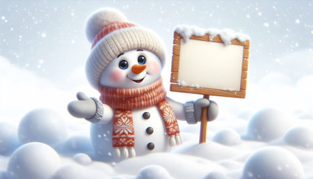 Cute snowman illustration in snowy landscape with scarf and wool hat, holding a copy space sign. Christmas Celebration Timeの素材