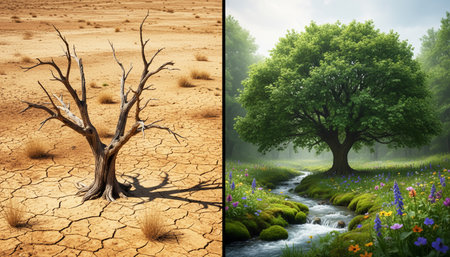Illustration divided into a dry and arid landscape and a lush one to show the effect of climate changeの素材
