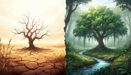 Illustration divided into a dry and arid landscape and a lush one to show the effect of climate changeの素材