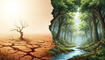 Illustration divided into a dry and arid landscape and a lush one to show the effect of climate changeの素材