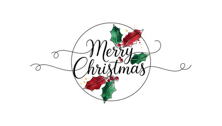 Line art with the words Merry Christmas and abstract hollyの素材