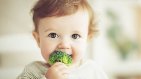 A small child eating broccoli. Agriculture and healthy food concept. World Vegan Dayの素材